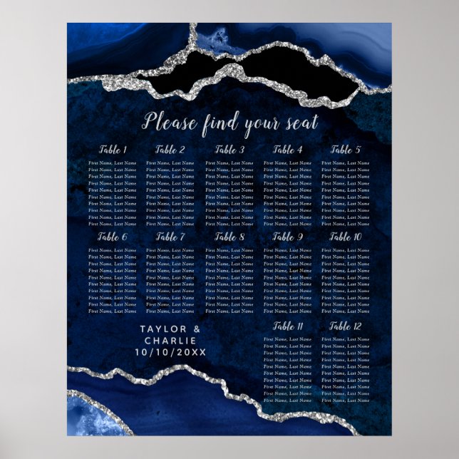 Navy Silver Agate Wedding 12 Table Seating Chart (Front)