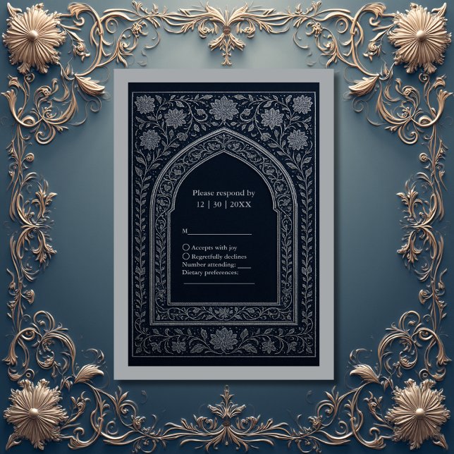 navy silver Arabic arch Wedding RSVP Card (Creator Uploaded)