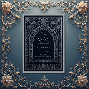 navy silver Arabic arch Wedding save the date Invitation