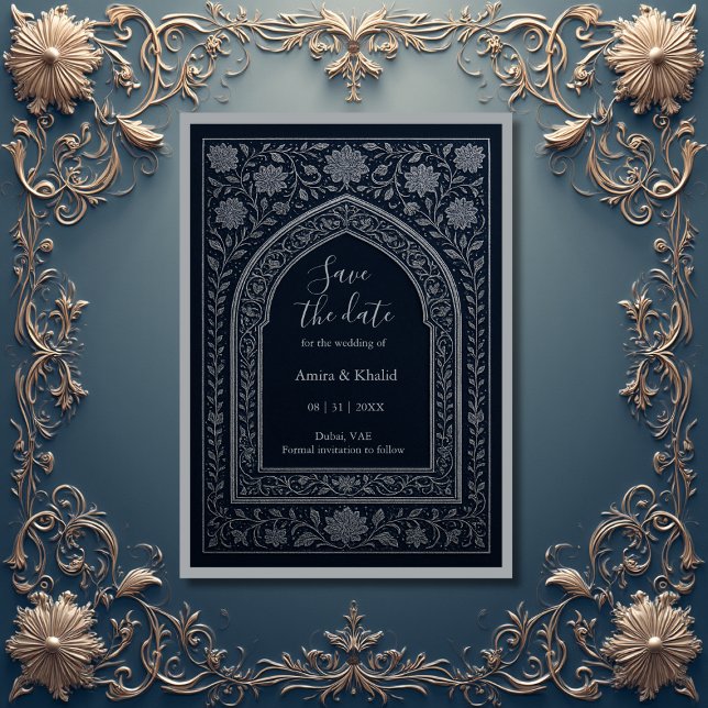 navy silver Arabic arch Wedding save the date  Invitation (Creator Uploaded)