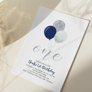 Navy & Silver Balloons One 1st Boy Birthday Party Invitation