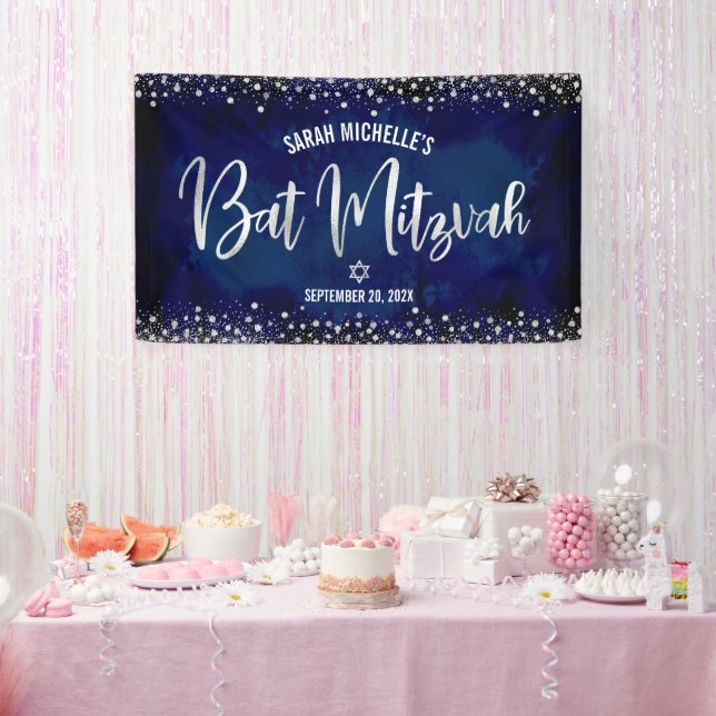 Navy Silver Bat Mitzvah Modern Foil Glitter Script Banner (Party)