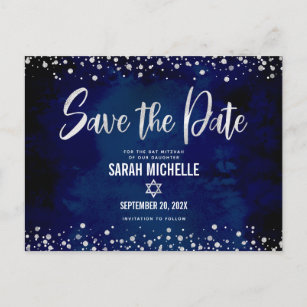 Navy Silver Bat Mitzvah Save Date Modern Script Invitation Postcard