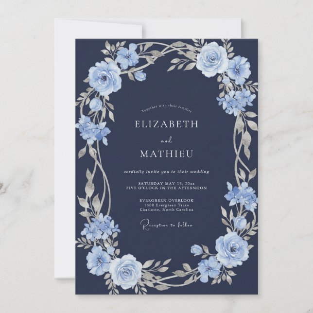 Navy Silver Blue Floral Watercolor Wedding Invitation (Front)