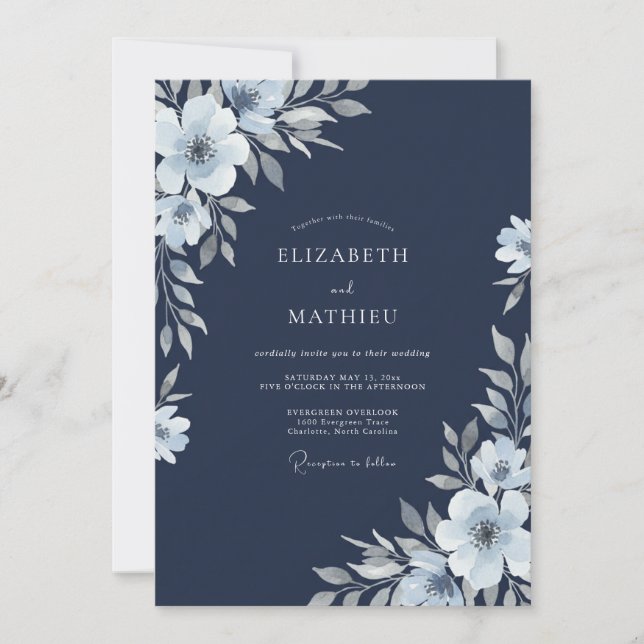 Navy Silver Botanical Watercolor Wedding Invitation (Front)