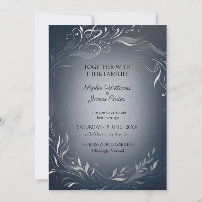 Navy Silver Botanical Wedding Invitation (Front)