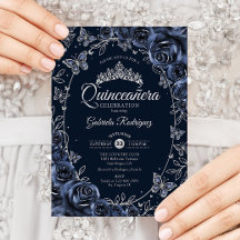 Navy Silver Butterflies Roses Quinceanera