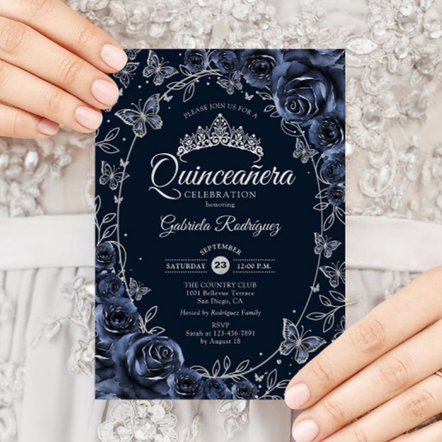 Navy Silver Butterflies Roses Quinceanera Invitation (Creator Uploaded)