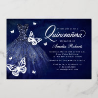 Navy Silver Butterfly Dress Quinceanera 