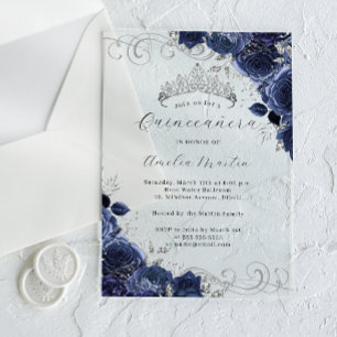 Navy Silver Clear Acrylic Floral Quinceanera  Acrylic Invitations