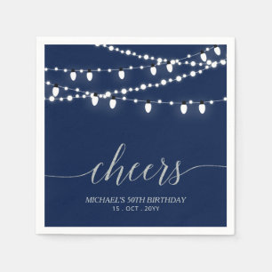 Navy & Silver Elegant Lights Adult Birthday Party Napkin