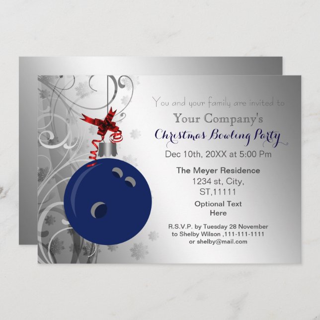 navy silver Festive Corporate Bowling party Invitation (Front/Back)