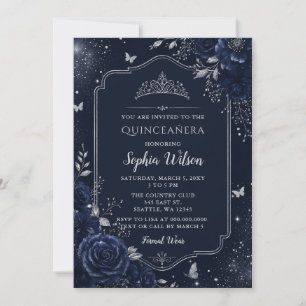 Navy Silver Floral Butterfly Quinceañera Invitation