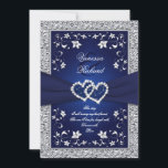 Navy Silver Floral Hearts FAUX Foil Wedding Invite<br><div class="desc">This romantic and dramatic navy blue and silver grey floral wedding invitation has a PRINTED RIBBON, a pair of PRINTED diamond and glitter joined jewel hearts on it, with silvery grey flowers and a FAUX silver foil border. There is also a removeable verse that says "This day, I will marry...</div>