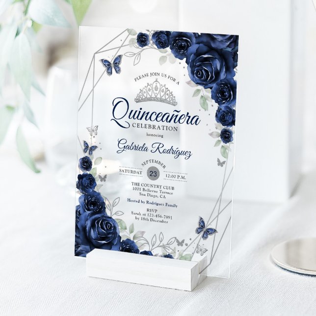 Navy Silver Floral Quinceanera Acrylic Invitations (Creator Uploaded)