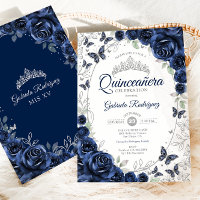 Navy Silver Floral Quinceanera