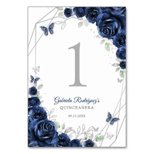 Navy Silver Floral Quinceanera Table Number