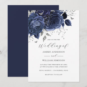 Navy Silver Floral Rose Wedding   Invitation