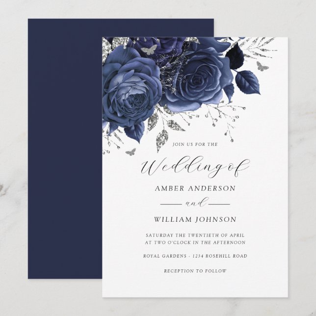 Navy Silver Floral Rose Wedding   Invitation (Front/Back)