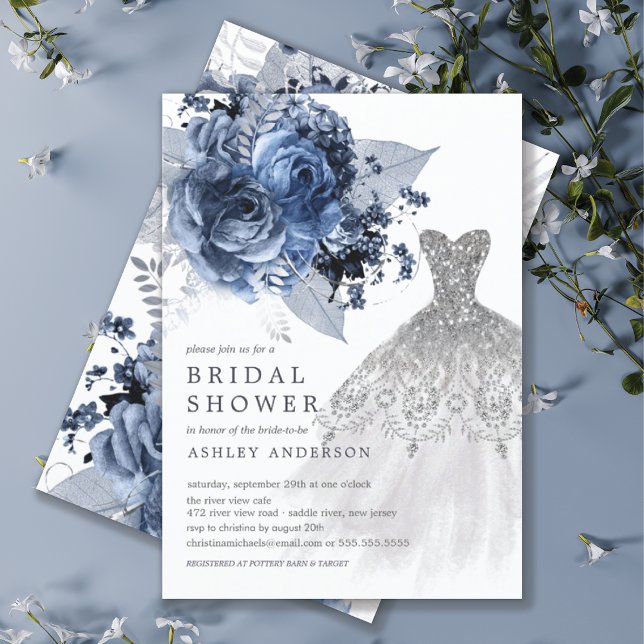 Navy & Silver Floral Wedding Dress Bridal Shower Invitation (Creator Uploaded)