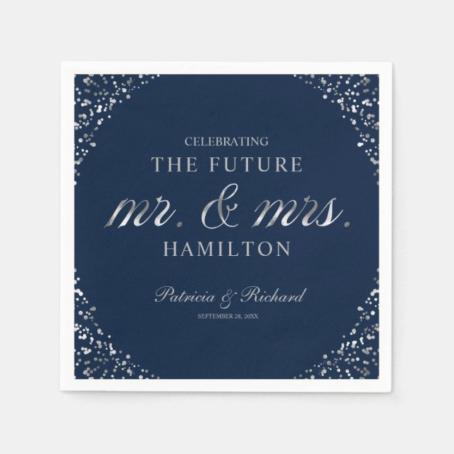 Navy Silver Future Mr And Mrs Engagement Party Napkin (Front)