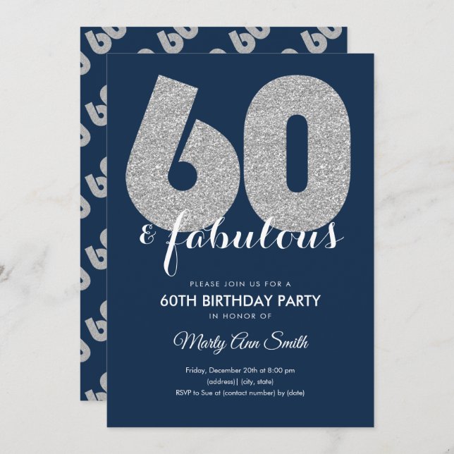 Navy Silver Glitter 60 & Fabulous Birthday Party Invitation (Front/Back)