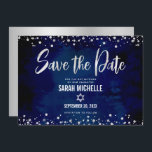 Navy Silver Glitter Bat Mitzvah Script Modern Bold Save The Date<br><div class="desc">Make sure all your friends and relatives will be able to celebrate your daughter’s milestone Bat Mitzvah! Send out this stunning, modern, “Save the Date” announcement card. Graphic faux silver foil calligraphy script, Star of David, and glitter confetti, overlay a rich, dramatic, navy blue watercolor background. Your custom message overlays...</div>