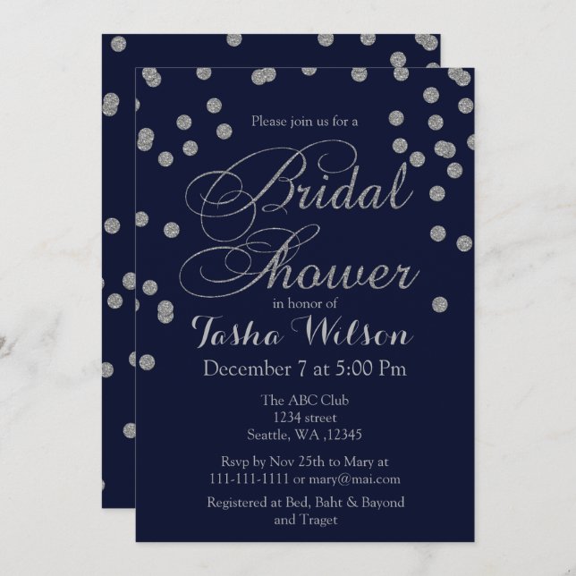 Navy Silver Glitter Bridal Shower Invite (Front/Back)