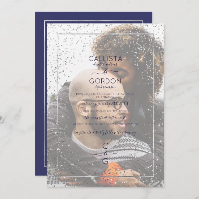 Navy Silver Glitter Confetti Border Photo Wedding Invitation (Front/Back)