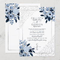 Navy Silver Glitter Confetti Floral Border Wedding