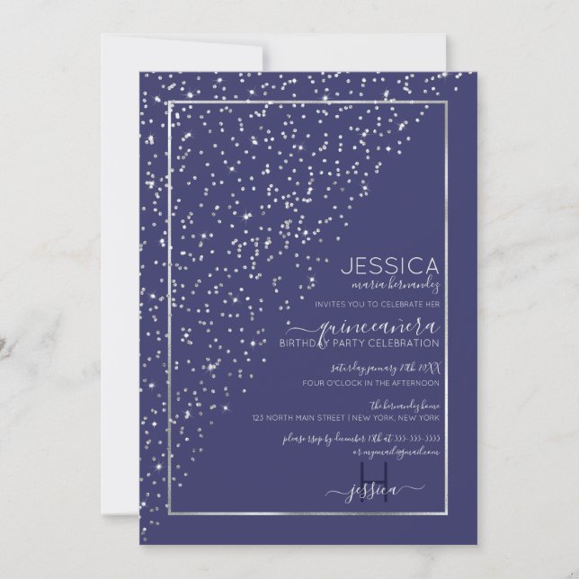 Navy Silver Glitter Diagonal Confetti Quinceañera Invitation (Front)