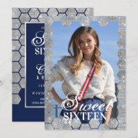 Navy Silver Glitter Hexagon Geo Photo Sweet 16