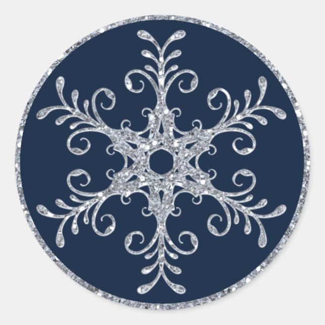 Navy Silver Glitter LOOK Snowflake Wedding Sticker (Front)