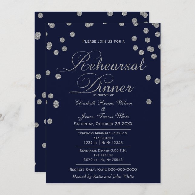 navy silver glitter rehearsal dinner invites (Front/Back)