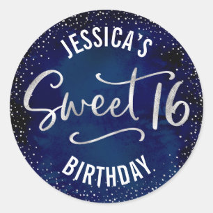 Navy Silver Glitter Sweet 16 Watercolor Birthday Classic Round Sticker