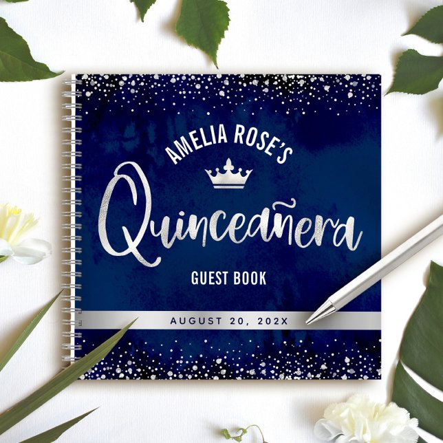 Navy Silver Glitter Tiara Quinceañera Guest Book (Creator Uploaded)