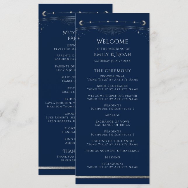 Navy Silver Gold Celestial Sun Moon Stars Wedding Programme (Front/Back)