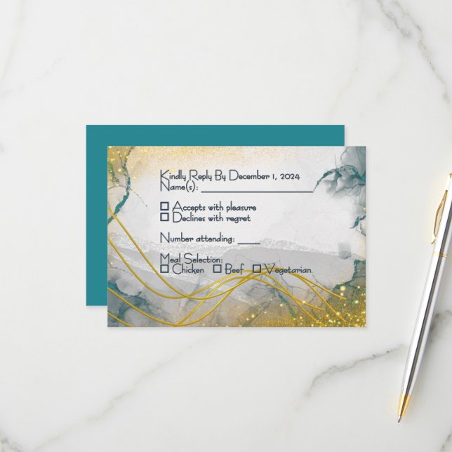Navy Silver Gold Wedding RSVP Card (Front/Back In Situ)