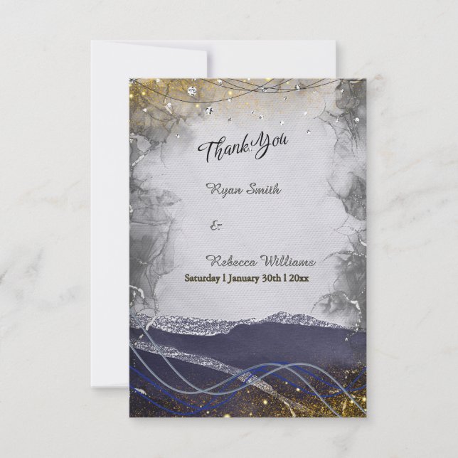 Navy Silver Gold Wedding Thank You Card (Front)