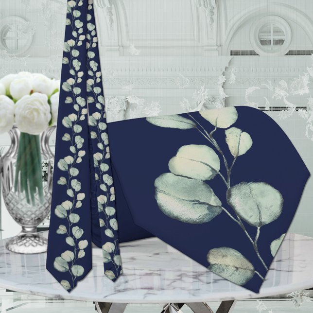 Navy Silver Green Eucalyptus Greenery Wedding Tie (Creator Uploaded)