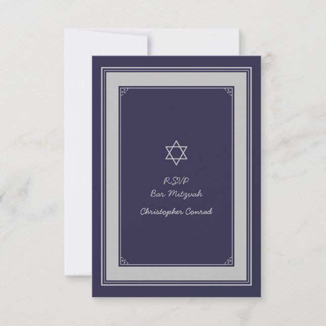 Navy Silver Grey Bar Mitzvah Reply Card (Front)