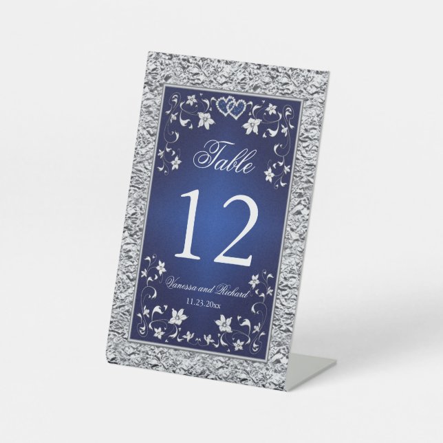 Navy, Silver Grey Floral Table Number Pedestal Sig Sign (Front)