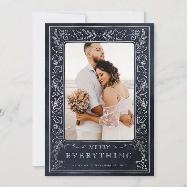 Navy Silver Holly Scroll Foliage Photo Holiday Card (Front)