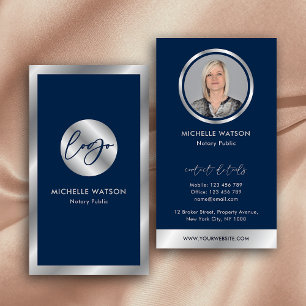 Navy & Silver Logo Notary Public Sales Agent Photo Business Card