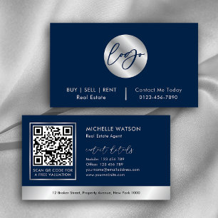 Navy & Silver Logo Sales Agent Realtor QR Code Business Card
