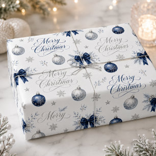 Navy Silver Merry Christmas Typography Holiday Wrapping Paper