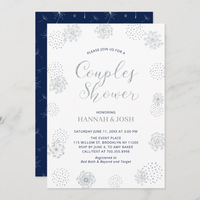 Navy & Silver Modern Couples Wedding Shower Invita Invitation (Front/Back)