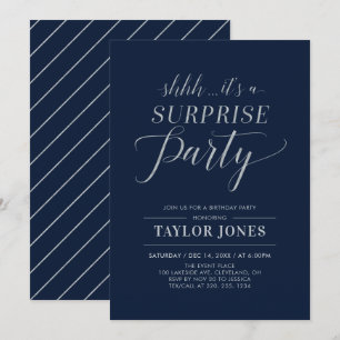 Navy & Silver Modern Surprise Birthday Party Invitation
