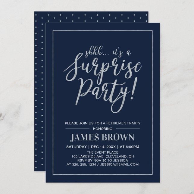 Navy & Silver | Modern Surprise Retirement Party Invitation (Front/Back)