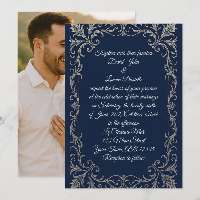 Navy & Silver Photo Wedding Invitation  (Front/Back)